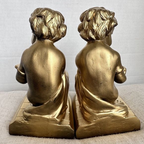 Vintage Pair faux Brass Bookends Boy Reading a Book~Gold Art Deco Decor~Cherubs - Picture 9 of 10